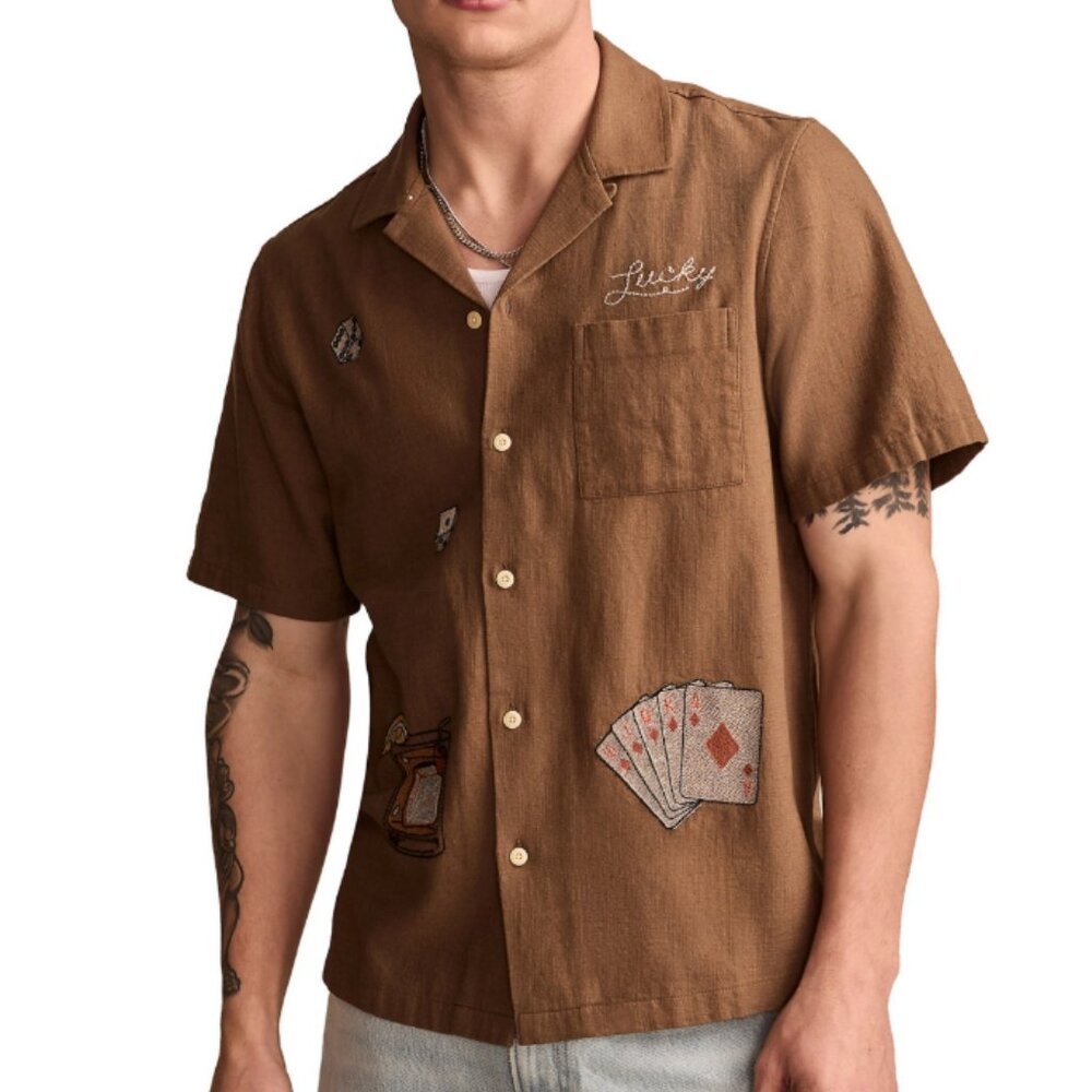 Lucky Brand  Feeling Lucky Embroidered Camp Collar Shirt MT-103